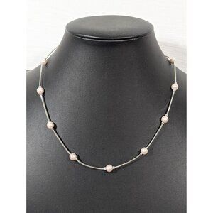 Silver Tone Faux Pearl Station Chain Necklace Elegant Bridal Classic 19"